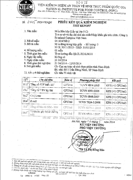 Kết quả xét nghiệm mẫu sữa Cô Gái Hà Lan